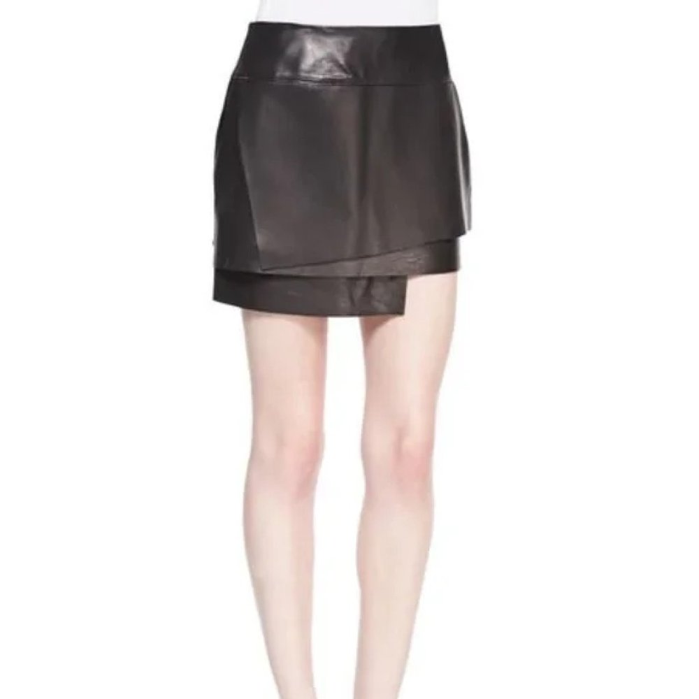 HELMUT LANG LAMBSKIN LEATHER PANELED TIERED BLACK MINI SKIRT NWT S M 6 8 28" 29" - Picture 4 of 7